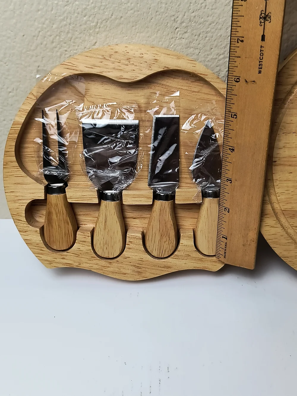 Gourmet Cheese Round Wooden Cheese Board Set with 4 Cheese Knives - Natural Wood